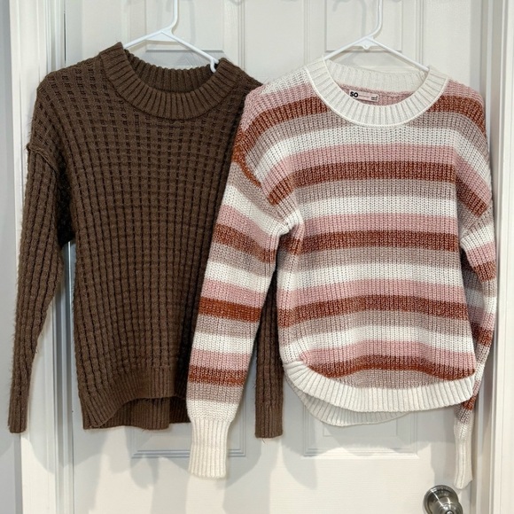 SO Sweaters - SO Long Sleeve Crew Neck Comfy Brown &Striped Sweaters Set Juniors Women Sz S-M